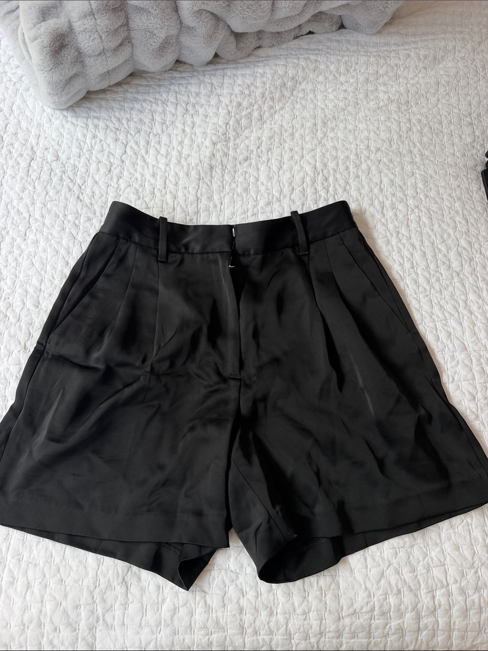 Aritzia Black High-Waist Satin Effortless Pleated Bermuda Shorts